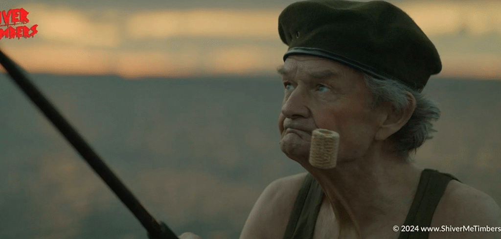 Papaya catches a fish and feels happy. This is a Shiver me timbers movie scene.